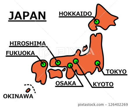 日本著名旅遊景點和主要城市的地圖插圖 126402269