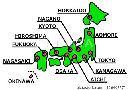 日本著名旅遊景點和主要城市的地圖插圖 126402271