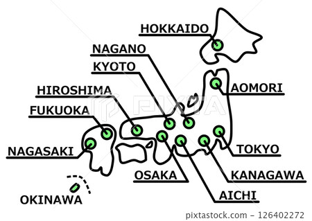 日本著名旅遊景點和主要城市的地圖插圖 126402272