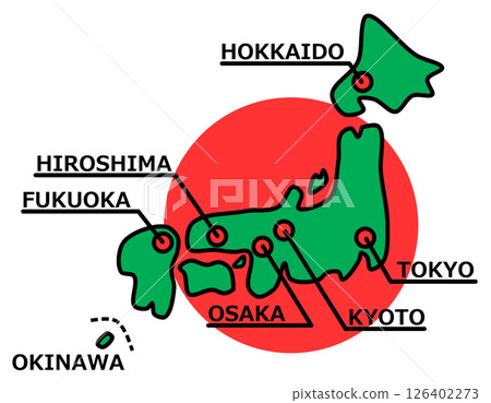 日本著名旅遊景點和主要城市的地圖插圖 126402273