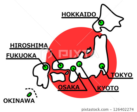 日本著名旅遊景點和主要城市的地圖插圖 126402274