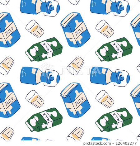 Seamless dairy pattern with milk bottle, carton and glass in a flat style on white background. Perfect for packaging, grocery design, breakfast print and healthy food branding. 126402277