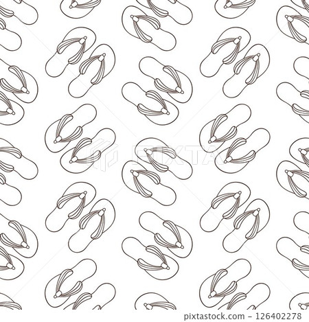 Seamless pattern of flip flops in line art style. Perfect for summer beachwear, tropical textile, wrapping paper, vacation theme and warm season fashion accessories. Seamless pattern of flip flops in line art style. Perfect for summer beachwear, tropical textile, wrapping paper, vacation theme and warm season fashion accessories. 126402278