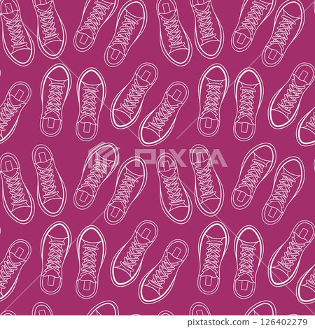 Seamless pattern of line art style sneakers on purple background. Great for fashion textile, sportswear urban print, street style wrapping paper or teenage accessories design. 126402279
