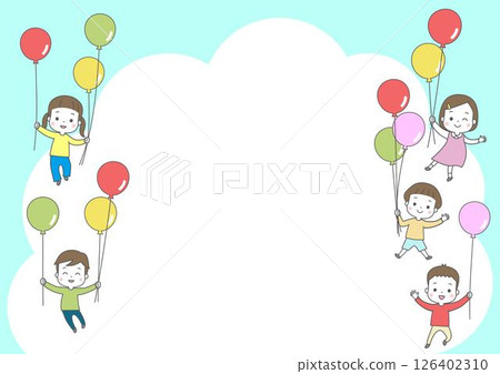 Frame of children floating in the sky with balloons Frame of children floating in the sky with balloons 126402310