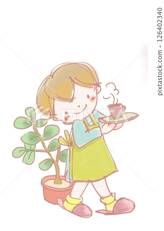 歡迎來到我的小咖啡館/一位女孩在咖啡館端著咖啡的插圖 126402340
