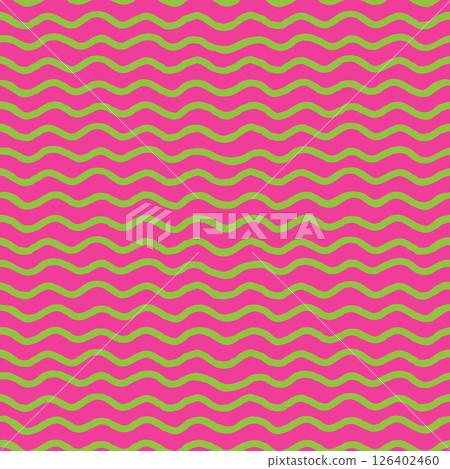 Seamless pattern with bright green wavy lines on a vibrant pink background. Hand-drawn stripe texture creates a fun abstract wave design. Perfect for playful prints or bold decor 126402460