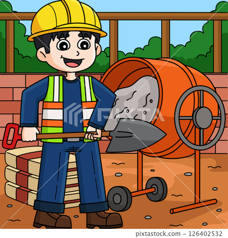Construction Worker Mixing Cement Colored Cartoon  126402532