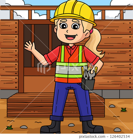 Female Construction Worker Colored Cartoon  126402534