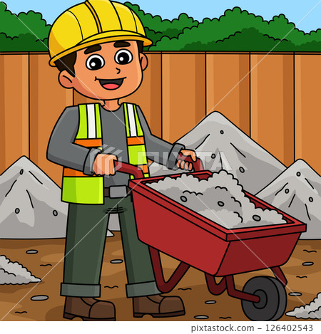 Construction Worker with a Wheelbarrow Colored  126402543