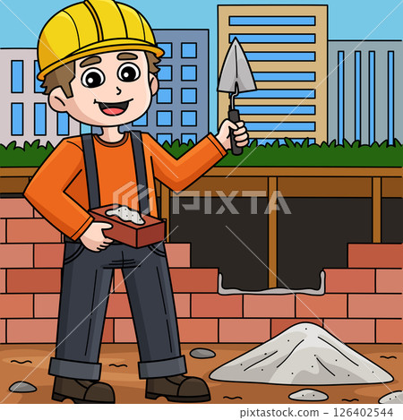 Construction Worker Mason Colored Cartoon  126402544