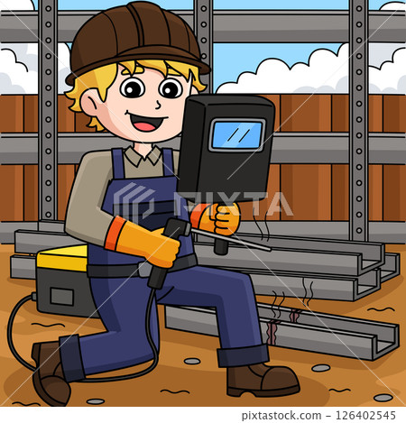 Construction Worker Welder Colored Cartoon  126402545