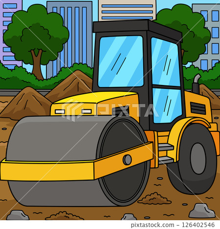 Construction Road Roller Colored Cartoon  126402546