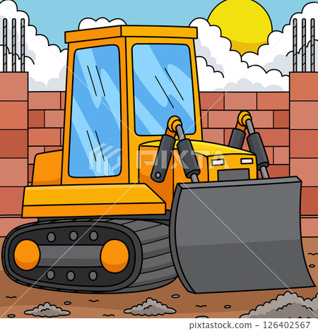 Construction Bulldozer Vehicle Colored Cartoon  126402567