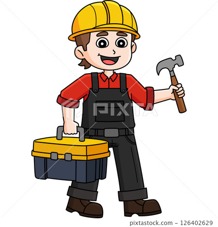 Construction Worker with Toolbox Cartoon Clipart  126402629