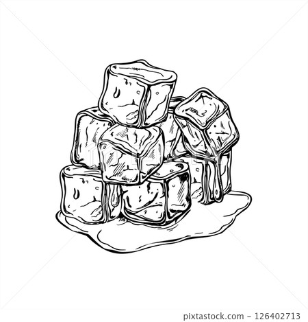 Stacked ice cubes melting into water puddle monochrome vector illustration. Crystal freezer brick graphic sketch for beverage packaging, bar menus, climate change visual, or refreshing summer design. 126402713