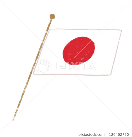 日本國旗，帶桿，對角線，蠟筆觸感 126402750