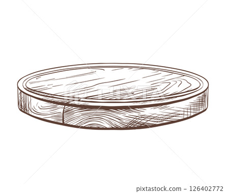 Round wooden serving board with natural grain texture, presented in clean black and white vector art. Minimalist line illustration for kitchenware branding and packaging design 126402772
