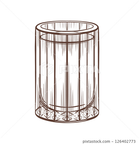 A faceted glass filled with water, depicted in crisp black and white line art. Minimalist vector illustration with clean geometric shapes for beverage branding and packaging designs A faceted glass filled with water, depicted in crisp black and white line art. Minimalist vector illustration with clean geometric shapes for beverage branding and packaging designs 126402773