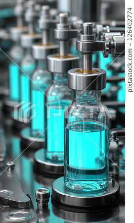 Close-Up View of Glowing Turquoise Vials on a Futuristic Industrial Conveyor Line 126402774
