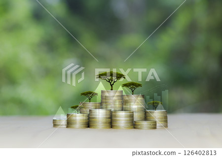 gold coin is placed as a graph showing of Investing in the environment, society, governance, Invest ESG in the industrial. ecology green energy renewable concept. green nature background. 126402813