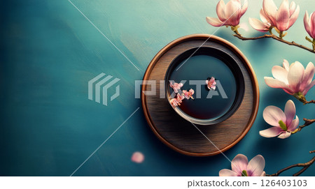Elegant Bowl with Sakura Petals on Vibrant Teal Background Elegant Bowl with Sakura Petals on Vibrant Teal Background 126403103