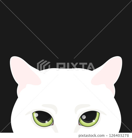Peeking white Cat head on black background. Feline face. White cat with big green eyes. Vector illustration Peeking white Cat head on black background. Feline face. White cat with big green eyes. Vector illustration 126403278