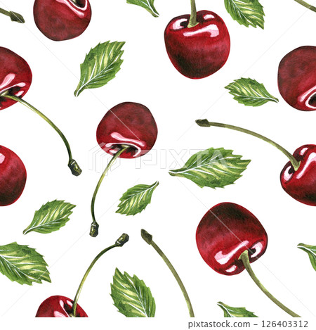 Red ripe cherries individual berries with stems, green leaves. Watercolor hand drawn illustration on the theme of fruits, food and desserts. Seamless pattern, ornament on a white background 126403312