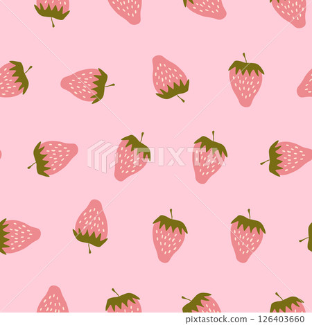 Seamless pattern with strawberry on color background. Natural delicious fresh ripe tasty fruit. Vector illustration for print, fabric, textile, banner, other design. Food concept 126403660