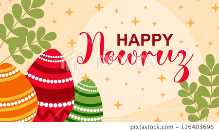 Festive Nowruz Greeting. Colorful Eggs and Spring Decoration Festive Nowruz Greeting. Colorful Eggs and Spring Decoration 126403696