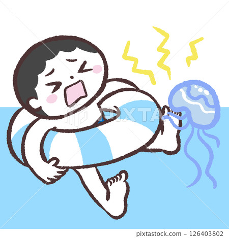 一名男孩在海洋中被水母攻擊的插圖 一名男孩在海洋中被水母攻擊的插圖 126403802