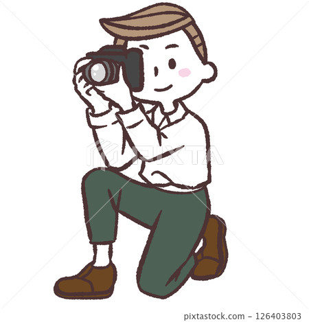 Illustration of a man crouching down and holding a camera Illustration of a man crouching down and holding a camera 126403803