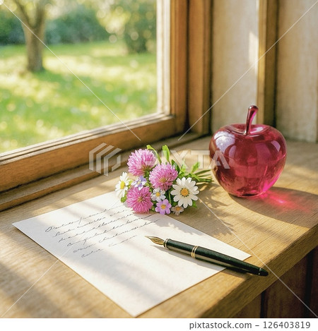 Letter, flowers and glass apple 126403819