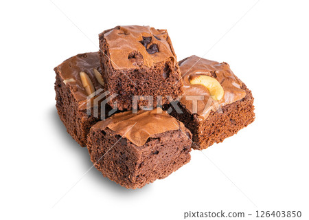 Pile of delicious homemade chocolate brownies isolated on white background. Pile of delicious homemade chocolate brownies isolated on white background. 126403850