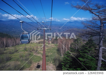 View of the snow-capped Central Alps from inside the Ontake Ropeway gondola in spring 126403948