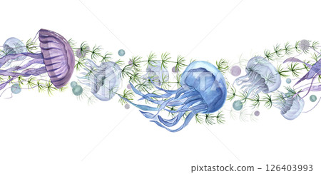 Graceful jellyfish swimming among seaweed and water bubbles whimsical watercolor seamless border isolated background. For nursery decor, marine themed wallpapers, textile prints, and spa branding 126403993