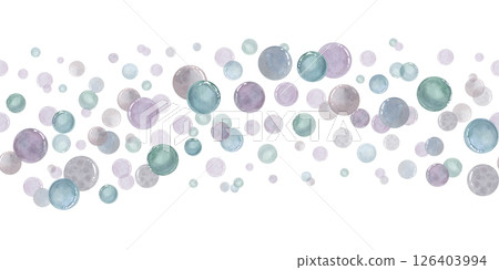 Abstract floating bubbles in varying sizes watercolor seamless wavy border isolated background. Fluid organic movement ornate. For spa branding, nursery decor, marine or wellness product packaging. 126403994
