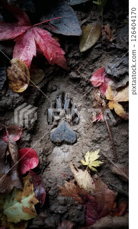 Dark Paw Print in Autumn Leaves and Mud Dark Paw Print in Autumn Leaves and Mud 126404170