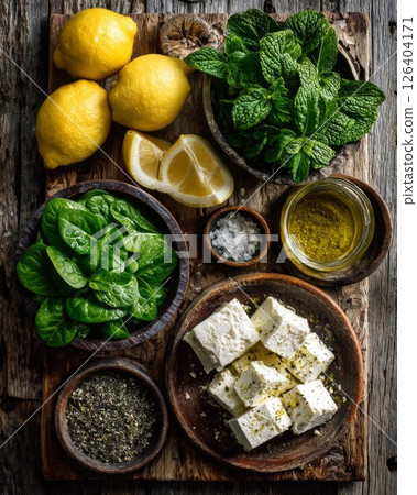 Fresh Ingredients for Mediterranean Salad: Feta Cheese, Spinach, Mint, and Lemon 126404171