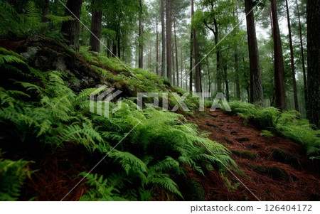 Lush Green Forest Path with Ferns and Rocks Lush Green Forest Path with Ferns and Rocks 126404172