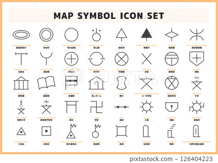 Map and cartographic symbol icon material set Map and cartographic symbol icon material set 126404223