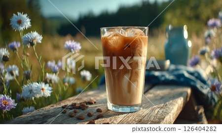 Iced Coffee on Rustic Wooden Bench in Summer Field 126404282