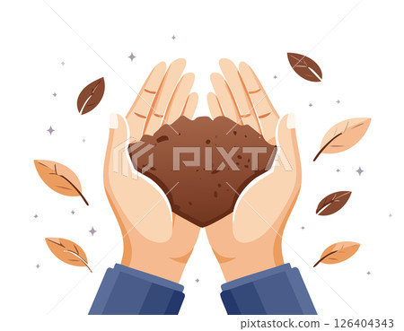 Hands holding soil with leaves falling around, symbolizing the natural cycle and care for the earth. A peaceful and meaningful environmental concept. Hands holding soil with leaves falling around, symbolizing the natural cycle and care for the earth. A peaceful and meaningful environmental concept. 126404343