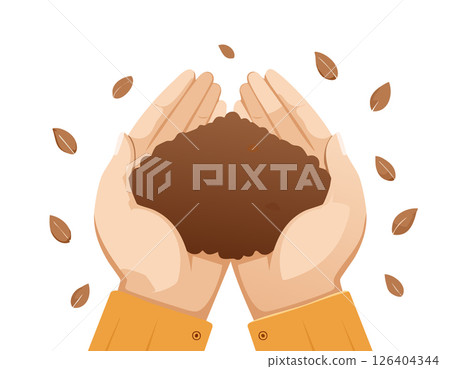 Illustration of hands gently holding a pile of soil on a white background. A simple and clean design that represents care for nature, growth, and sustainability. 126404344