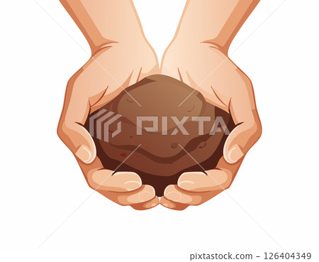 Illustration of hands carefully holding soil symbolizing care for nature. This image represents growth, balance, and commitment to protecting the planet. 126404349