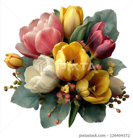 Colorful Tulip Bouquet: Pink, Yellow, and Red Blossoms Colorful Tulip Bouquet: Pink, Yellow, and Red Blossoms 126404372