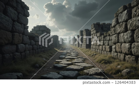 Ancient Stone Wall Ruins under a Dramatic Cloudy Sky 126404383