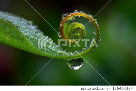 Green Fern Unfurling in Spiral Shape with Dew Drops 126404384