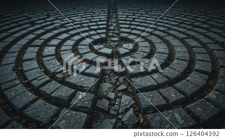 Dark Stone Labyrinth Pattern with Cracks and Fallen Leaves 126404392