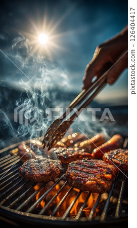 Grilling Burgers and Sausages Outdoors in Summer Sunlight 126404417